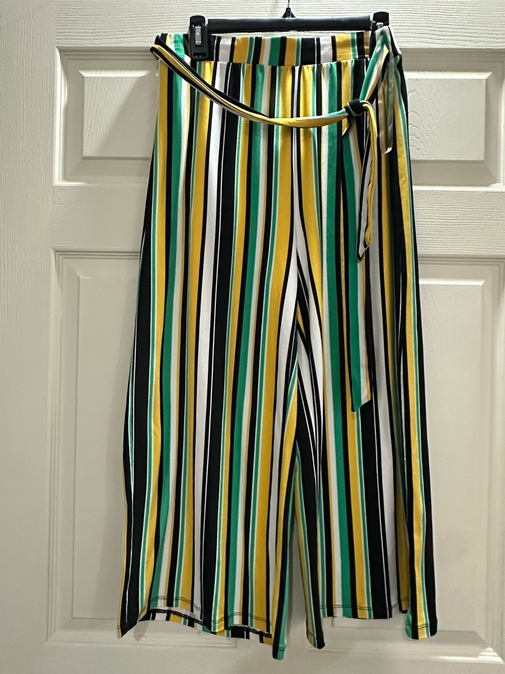 Striped Wide-Leg Tie-Waist Pants - Green/Yellow/Black